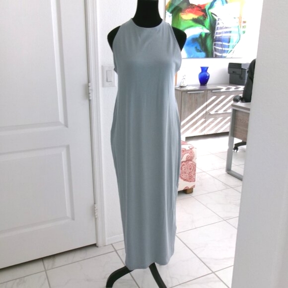 New H&M Ribbed Open Twist Back Sleeveless Midi Dress Soft Stretchy Grey Blue L - Picture 2 of 11